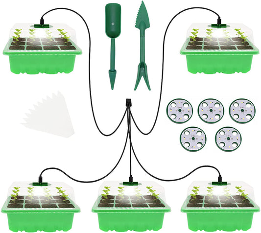 Seed Starter Tray, Seed Starter Kit with Grow Light, Adjustable Humidity & Light Seed Starting Trays, Seedling Plant Starter Trays Pack of 5