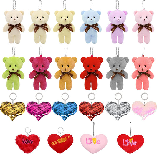 22 Pack Mini Teddy Bear Stuffed Animal Keychain, Cute Mini Plush Bear Animals Bulk with Heart, Valentines Day Teddy Bear Bulk for Kids Valentines Day Classroom Gifts Exchange Prizes Party Favor