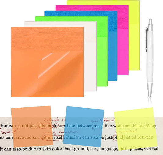 Transparent Sticky Notes, 600Pcs Waterproof Translucent Sticky Notes, 1Clear Reusable Sticky Note with Ballpoint Pen for Office School Home, Color, 12 Packs
