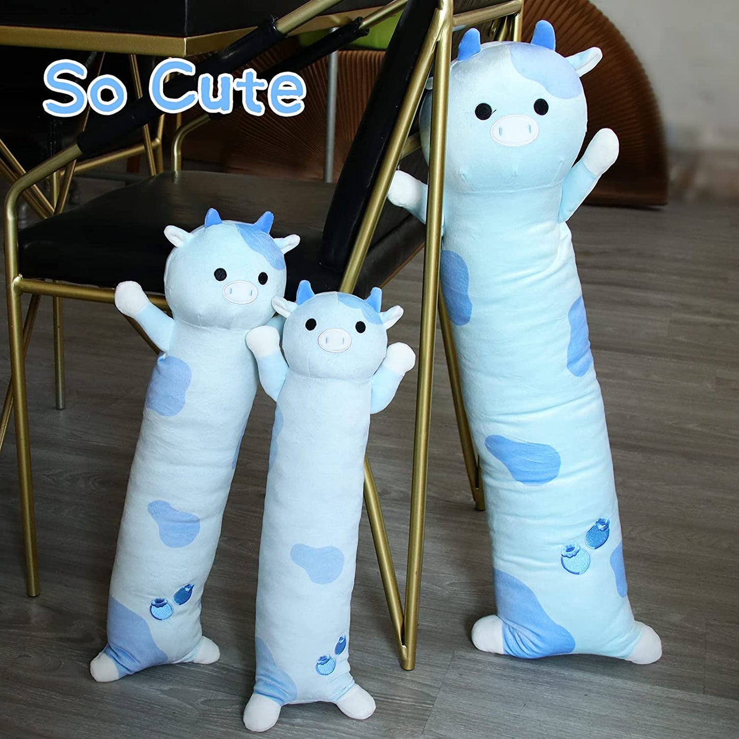 Long Blueberry Cow Plush Body Pillow, 19.5" Kawaii Blueberry Cow Stuffed Animals Cow Plushie, Blue Long Cow Pillow Soft Plush Cow Long Throw Pillow Toy for Kids Girls Boys Valentines Day Gifts