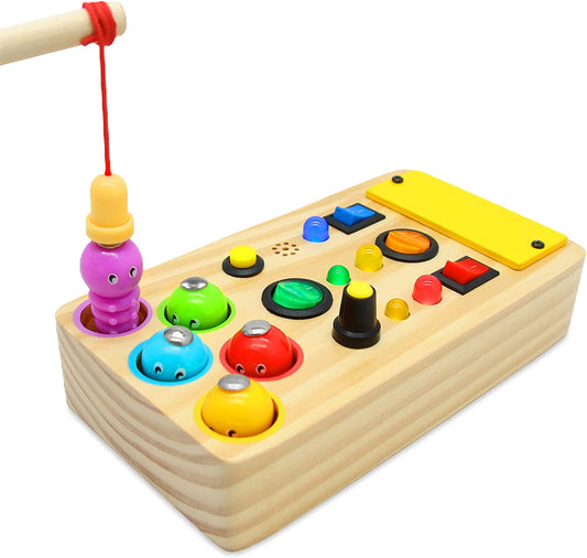 Busy Board with LED Light,Montessori Busy Board Toddler Toys,Wooden Busy Board with Light Up LED Buttons Fishing Game,Sensory Toys for Toddlers 3 Year Old,Travel Busy Board Baby Gifts