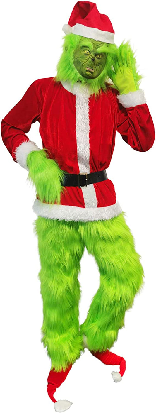 Green Monster Costume 7pcs Grin Mask and Christmas Hat Furry Pants, Santa Suit Green Adult Outfit