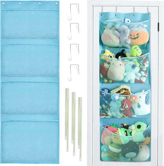 Stuffed Animal Storage Net, Over The Door Organizer Storage for Stuffed Animals Plush Toy, Stuffed Animal Storage Ideas Holder with 4 Large Pockets Hanging Door Organizer for Kid Room Bathroom Kitchen