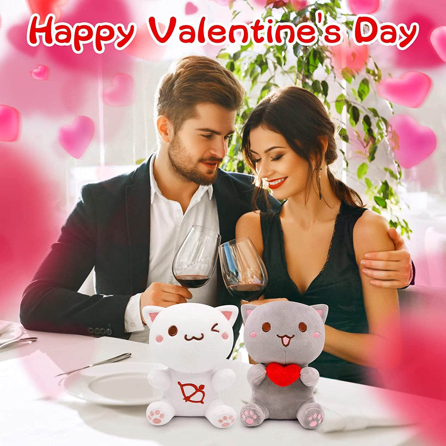 2Pcs Cat Plush Toy Set Valentines Day Plush Gifts, Kawaii Small Cat Stuffed Animals Cat Plushie, Cute Plush Cat Pillow Doll Stuffed Cat Plush Toys for Kids Girlfriend Wife Boyfriend