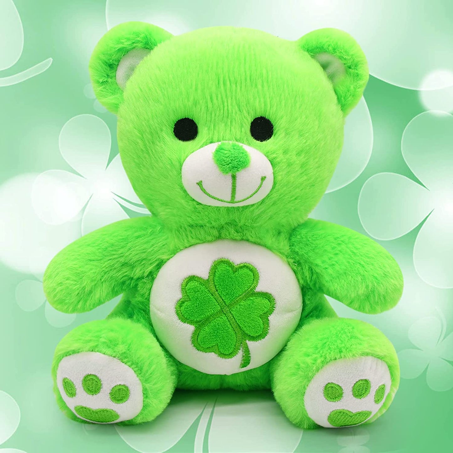St.Patricks Day Decorations Teddy Bear Stuffed Animal for Kids, Cute Green Teddy Bear Plush with Four Leaf Clover, Kawaii Stuffed Bear Gifts for Kids Her Him Valentines Day Gifts Easter