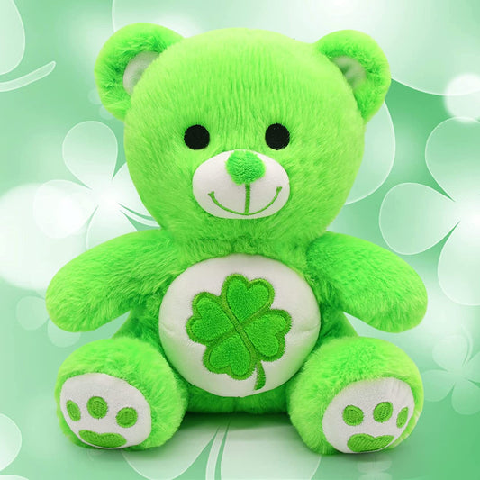 St.Patricks Day Decorations Teddy Bear Stuffed Animal for Kids, Cute Green Teddy Bear Plush with Four Leaf Clover, Kawaii Stuffed Bear Gifts for Kids Her Him Valentines Day Gifts Easter