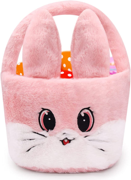 Easter Basket for Kids, Cute Plush Easter Bunny Basket, Large Easter Baskets for Kids Boys Girls, Easter Egg Hunt Basket Bags with Rabbit Plush Ears for Easter Decorations Gifts Candy Toy Storage
