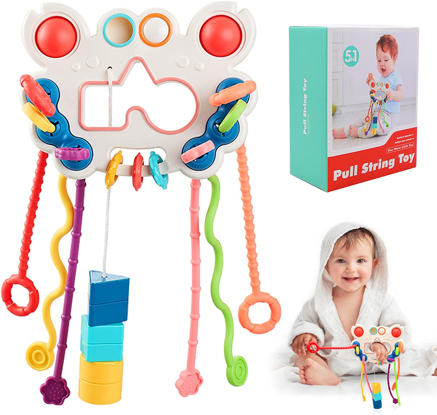 Montessori Toys for Babies 6-12 Months, Food Grade Silicone Pull String Activity Toys, Sensory Toys for Toddlers 1-3, Montessori Toys for 1 Year Old, Travel Toys for 1 Year Old, Baby Toys Gift