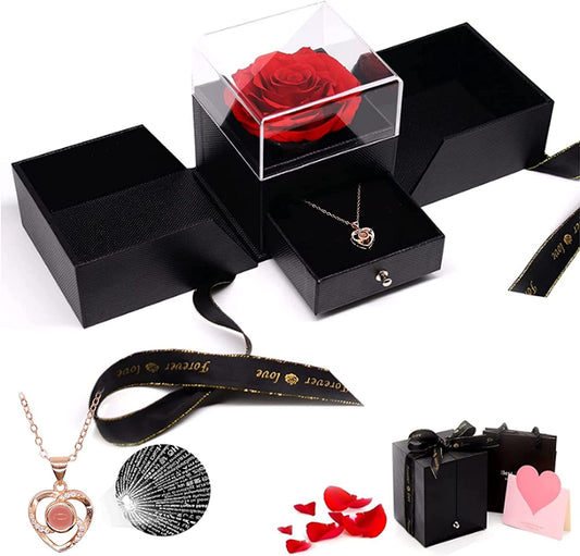 Preserved Rose with Love You Necklace in 100 Languages Gift Set, Enchanted Eternal Rose Flower for Valentine's Day Anniversary Wedding Bthday Romantic Gift