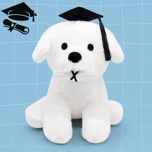 White Dog Stuffed Animals for Kids Girls Boys, Soft Cute Stuffed Dog Plush Dog with Graduation Hat, Kawaii Stuffed Animal Dog Plush Doll for 2023 Graduation Day Gift