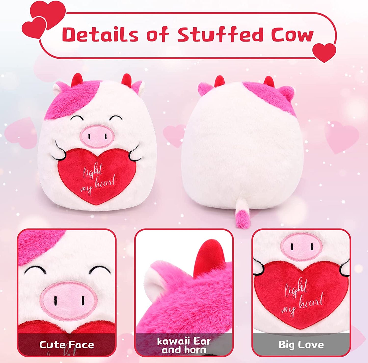 Valentines Day Gifts Cow Plush Pillow Cow Stuffed Animals Toys, Cute Cow Plushie Plush Cow Pillow, Soft Fluffy Stuffed Cow Plush Toy Stuffed Animal Cow Plush Gifts for Kids Girlsfriend Boyfriend
