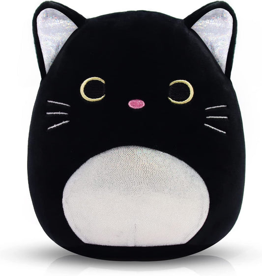 Black Cat Plush Kawaii Plushie, 8'' Cat Stuffed Animals Pillow Cute Silver Ears Black Cat Pillow Plush Toy, Soft Plush Stuffed Cat Doll for Kids Girlfriend Birthday Christmas