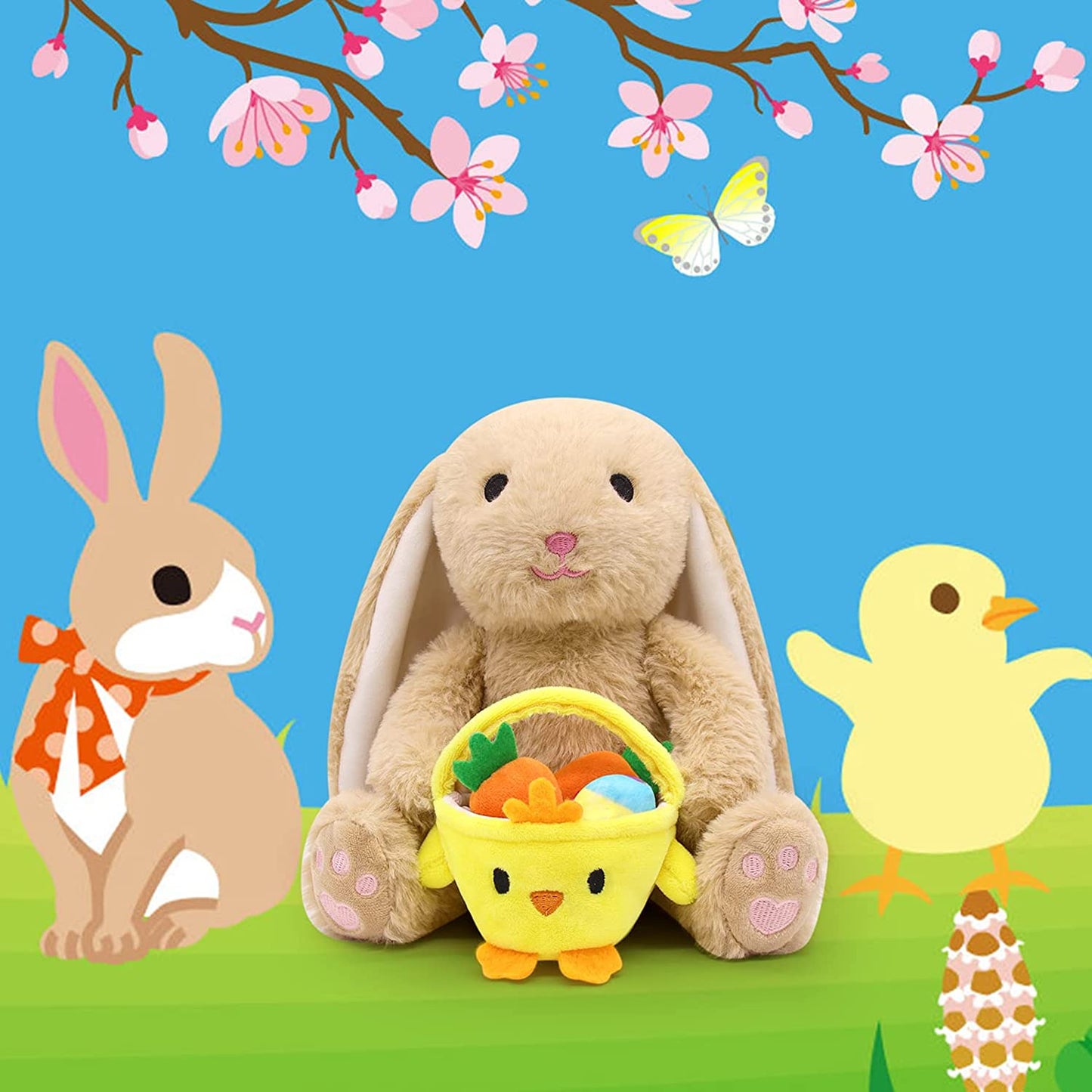 Cute Bunny Plush Bunny Stuffed Animals Toys, Soft Rabbit Stuffed Animals Rabbit Plush Hold Chicken Basket Filled with Easter Eggs Carrots, Kawaii Home Decoration Easter Gifts for Kids Girls Boys