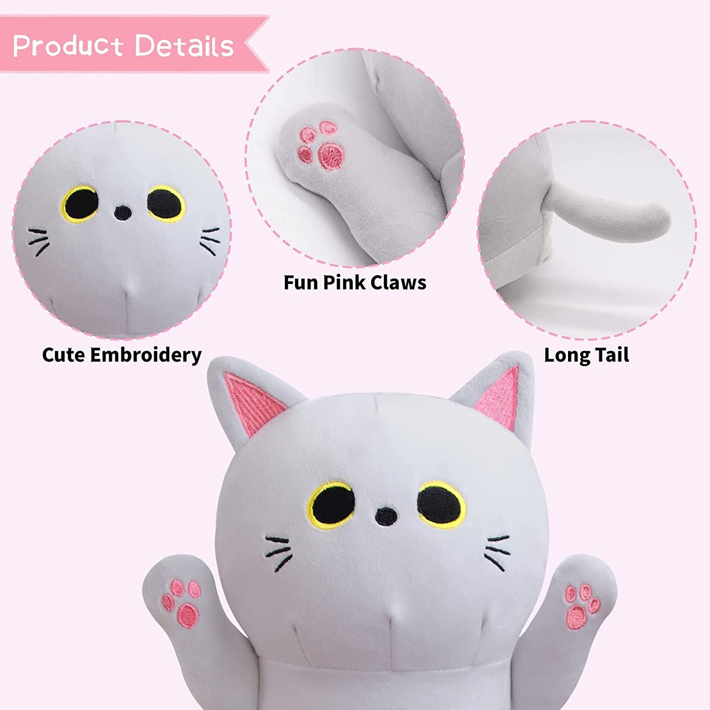 Long Cat Plush Body Pillow, 21" Long Cat Stuffed Animals Soft Long Cat Plushie Pillow, Gray Long Cat Throw Pillow Doll Kawaii Stuffed Cat Toys for Birthday Christmas Kids Gifts Home Car Decoration