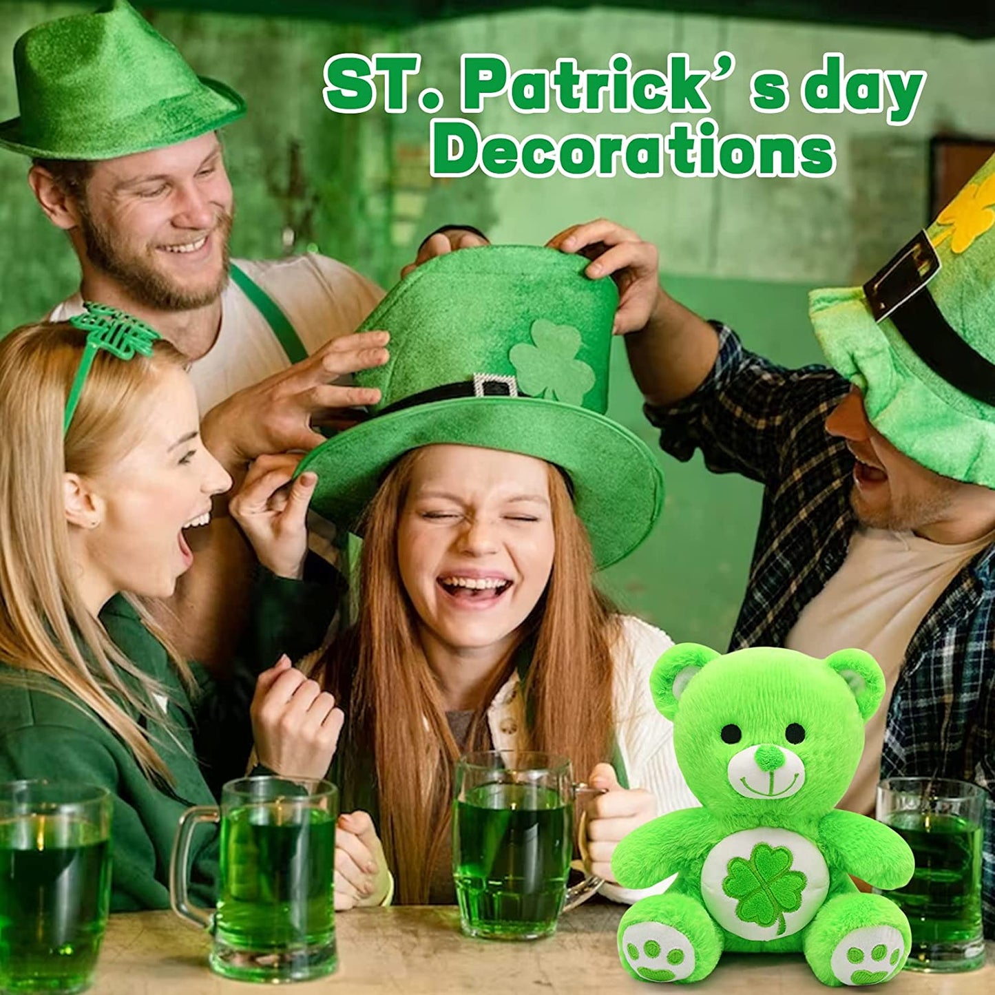 St.Patricks Day Decorations Teddy Bear Stuffed Animal for Kids, Cute Green Teddy Bear Plush with Four Leaf Clover, Kawaii Stuffed Bear Gifts for Kids Her Him Valentines Day Gifts Easter