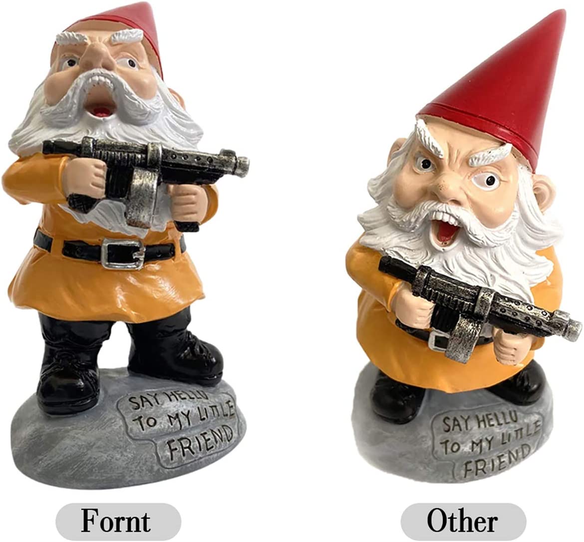 Garden Gnome Statue 5.9 inch,Gnome Cartoon Doll Christmas Decorations Ornament Polyresin Garden Gnome Statue Indoor/Outdoor Funny Lawn Decoration Ornaments (Take a Gun)