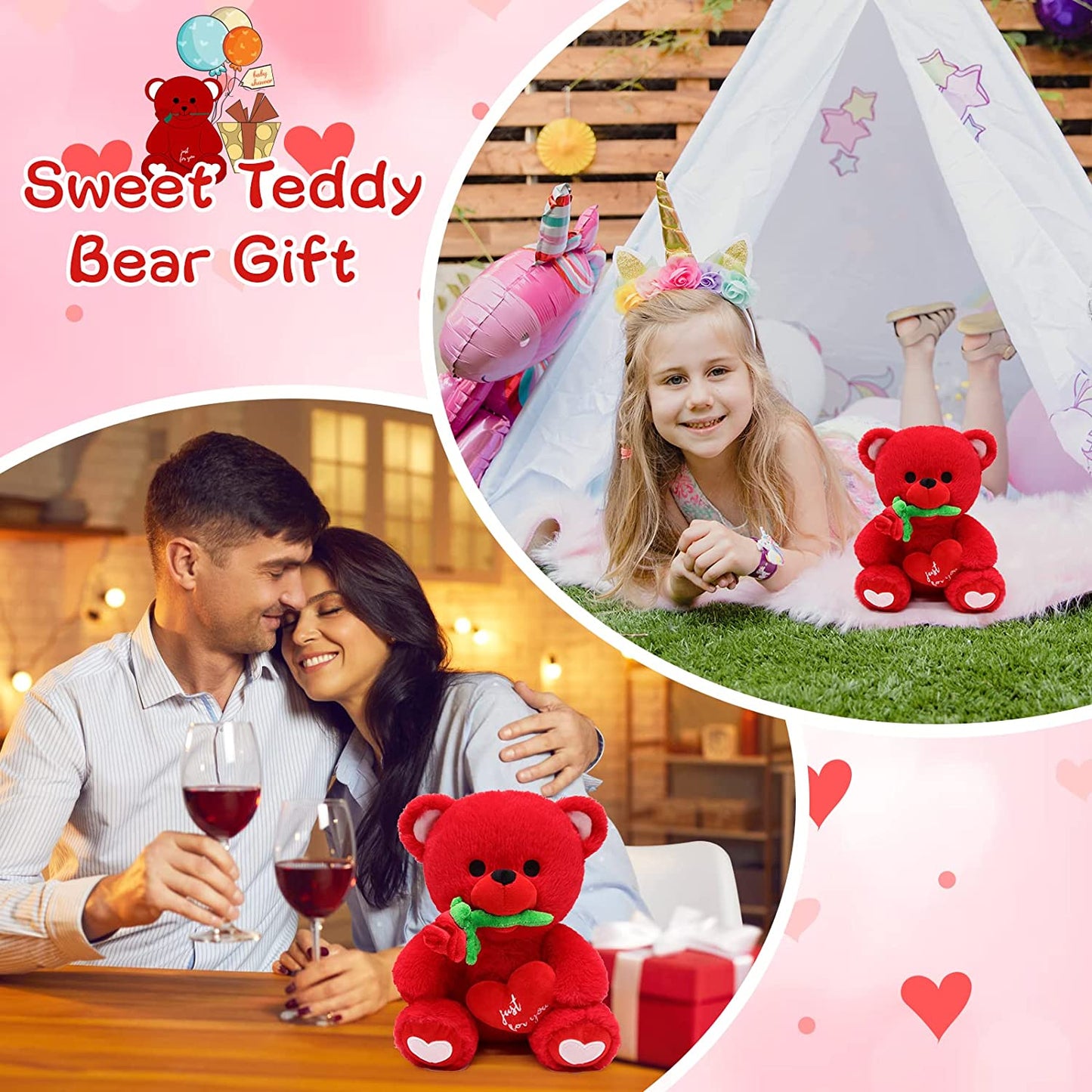 Valentines Day Gifts Teddy Bear Stuffed Animal for Girlfriend Boyfriend, 9.5“ Cute Red Teddy Bear Plush Holding Red Heart with Rose, Cute Valentines Day Stuffed Animals Bear Gifts for Kids Her Him