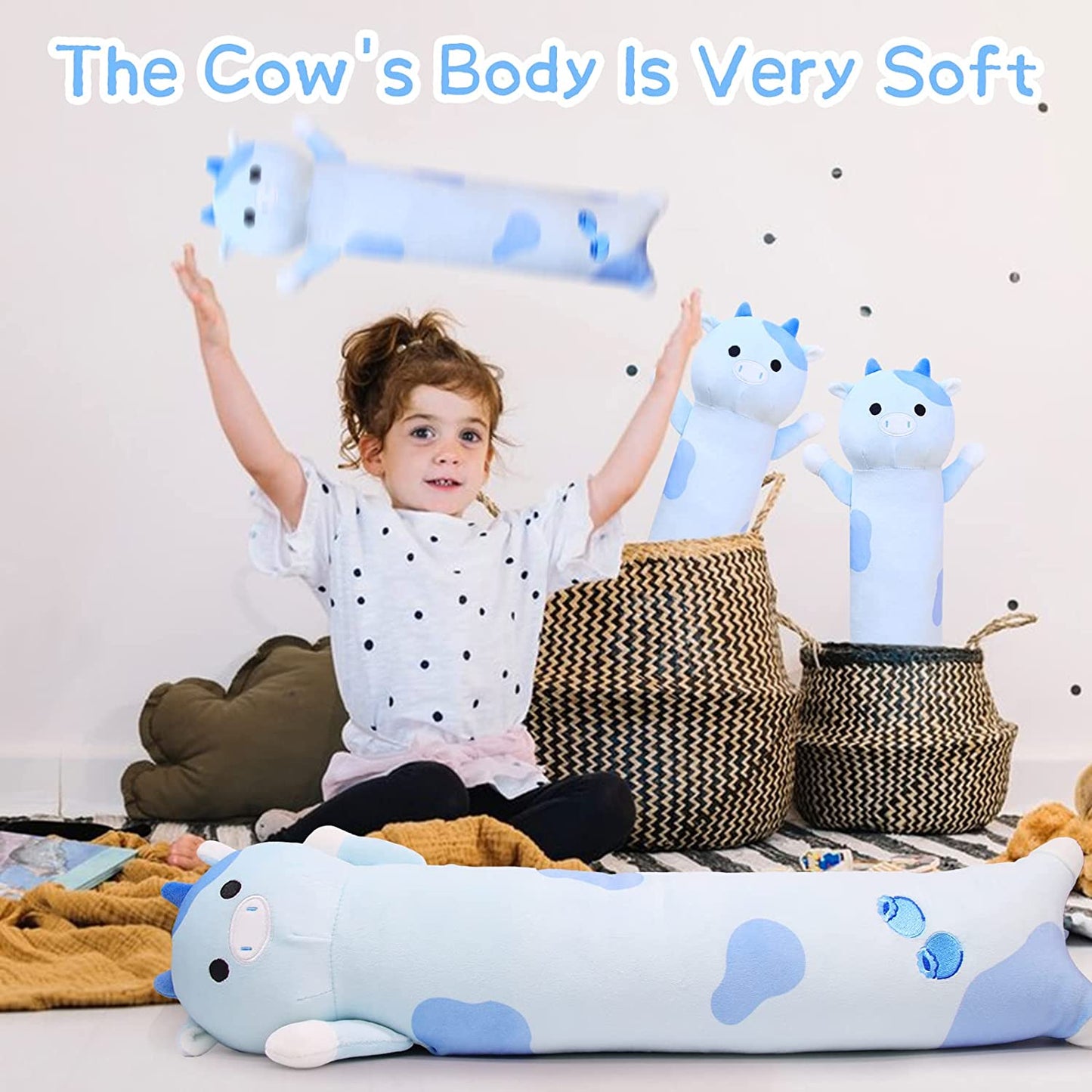 Long Blueberry Cow Plush Body Pillow, 19.5" Kawaii Blueberry Cow Stuffed Animals Cow Plushie, Blue Long Cow Pillow Soft Plush Cow Long Throw Pillow Toy for Kids Girls Boys Valentines Day Gifts