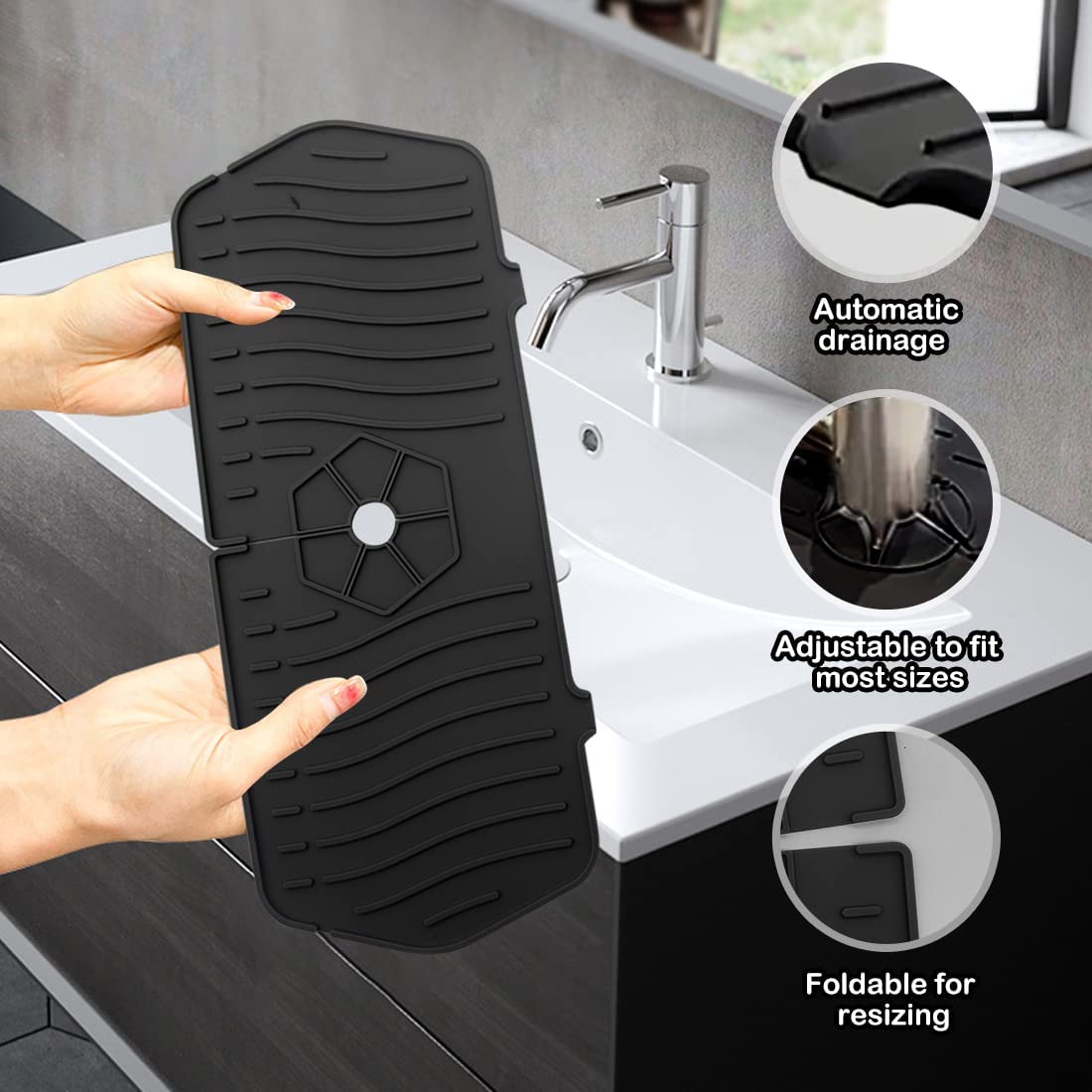 Sink Faucet Mat Sink Splash Catcher Faucet Mat, Water Catcher Mat Under Sink Mats for Kitchen Countertop Protect, Silicone Water Drying Pad for Bathroom, Bar, RV