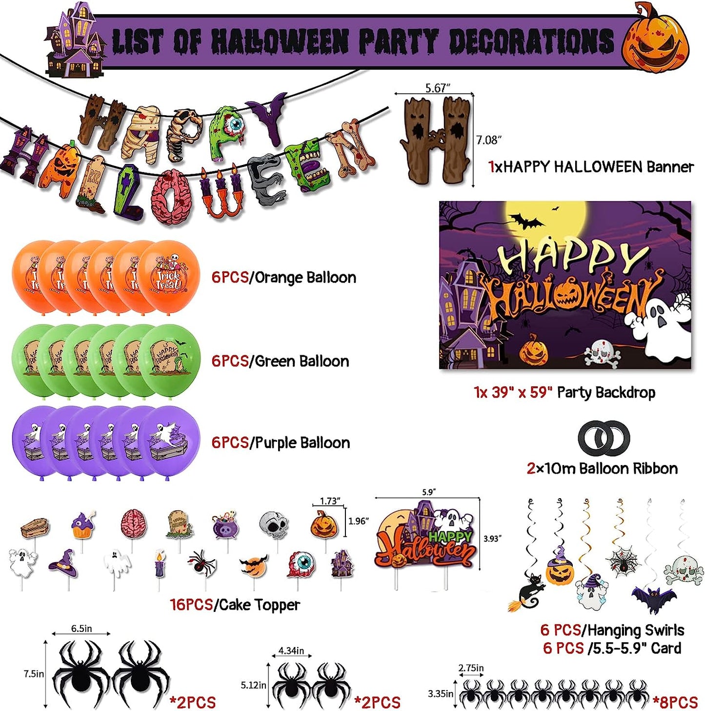 Halloween Party Decorations, Halloween Themed Party Supplies with Happy Halloween Banner Balloons Spider Cake Toppers Swirl Streamers Party Backdrop for Halloween Birthday Indoor Set Halloween Decor