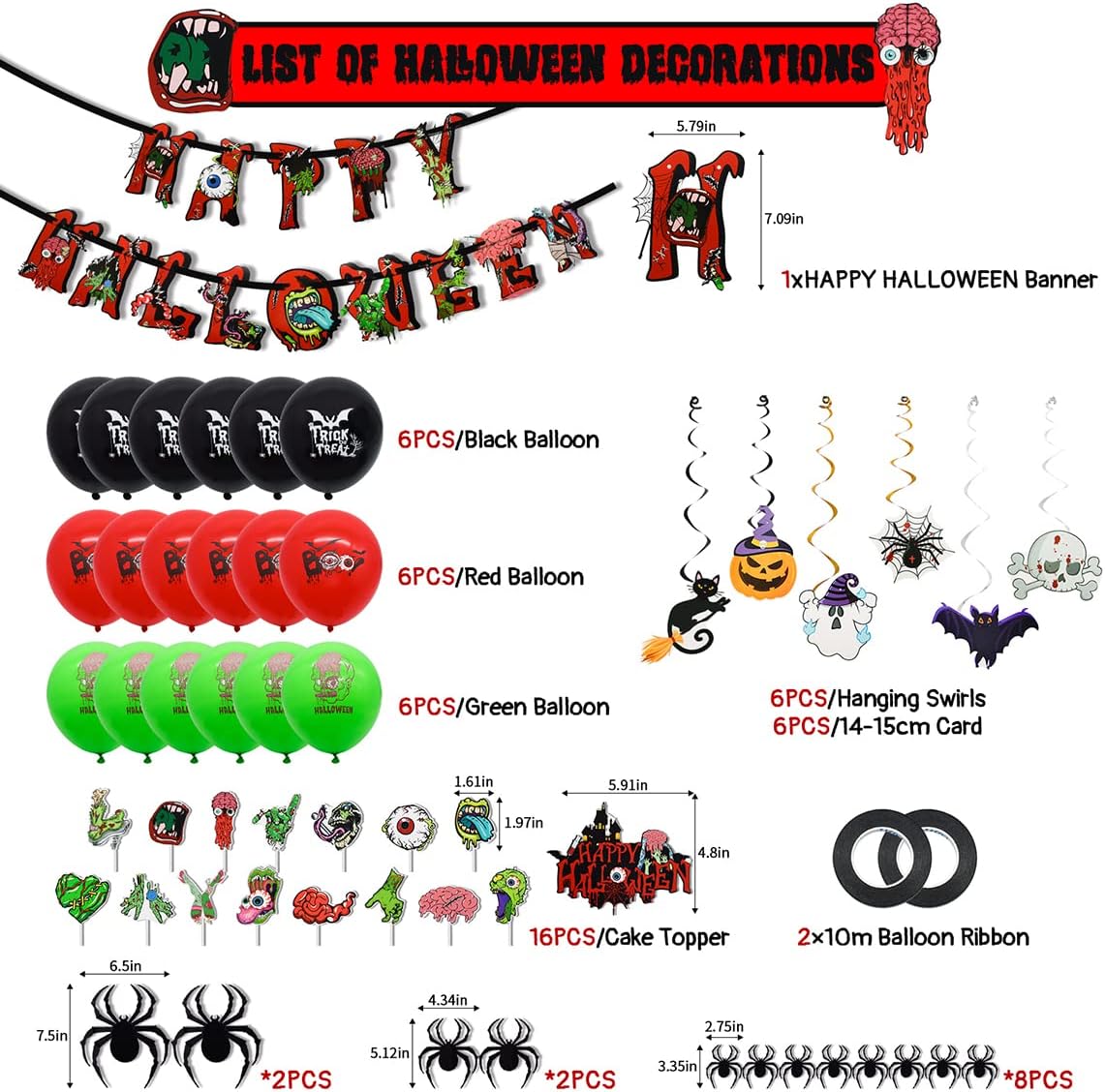 Halloween Party Decorations, Halloween Themed Party Supplies with Happy Halloween Banner Halloween Balloons Spider Cake Topper Swirl Streamers for Halloween Birthday Decorations Indoor outdoor Set