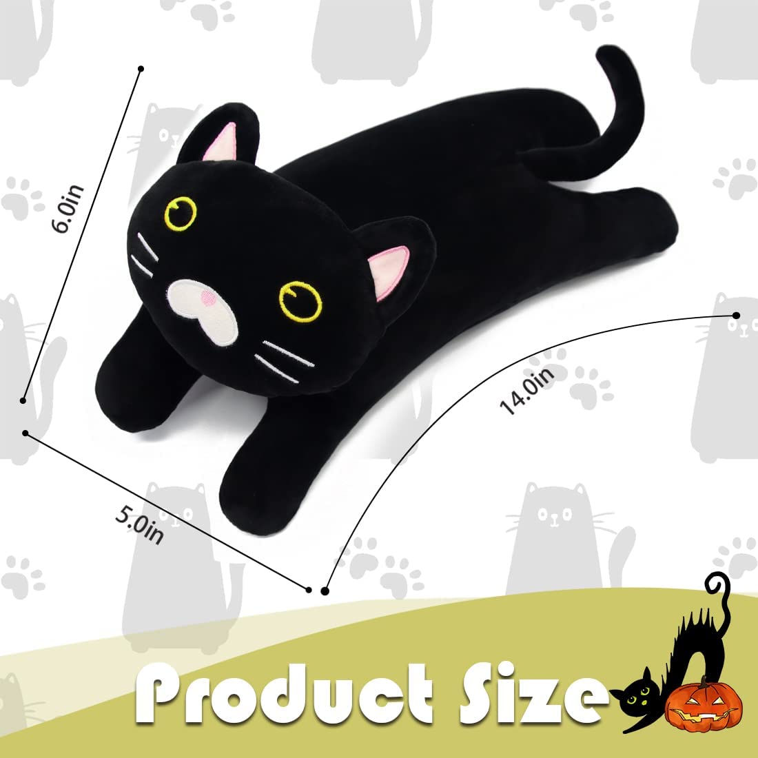 14Inch Black Cat Plush, Cat Plushie Stuffed Animals Pillow, Cute Cat Stuffed Animal Long Cat Pillow, Soft Cat Plushie Sleeping Pillow Doll Toy Gift for Kids Girl Boy