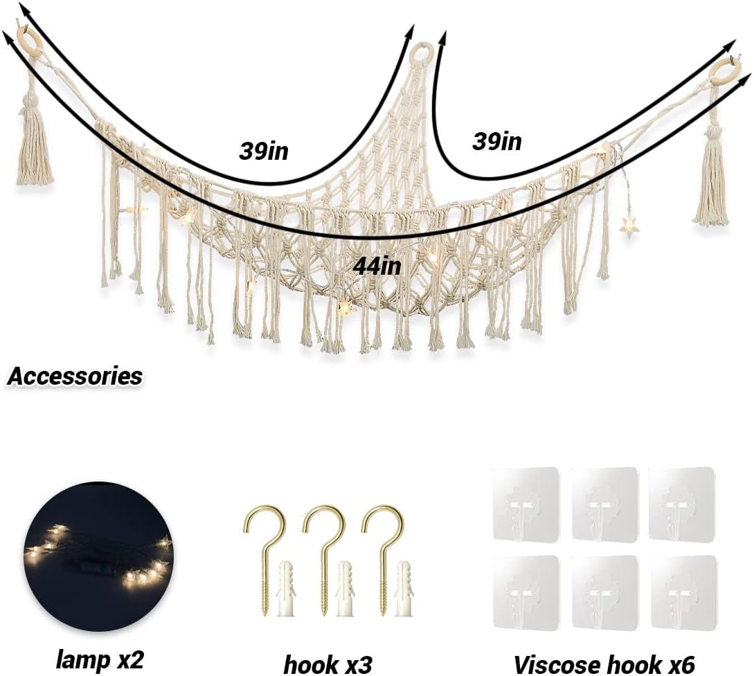 Stuffed Animal Hammock,Stuffed Animal Net For Storing Plush Toys,Corner toy hammock ,1 Piece Of Stuffed Animal Net + 2 Pieces Of Luminous Star Chandelier+6 Piece Hook Up