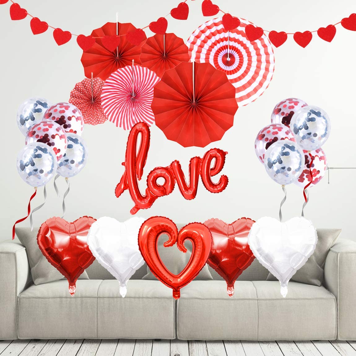 valentines day decor Balloons Kit Red Love Foil Balloons Latex Balloons Red Honeycomb Ballsballoons w/ 1000pcs Artificial Rose petals,1 Pieces LED String Lights Valentines-Day Party Supplies