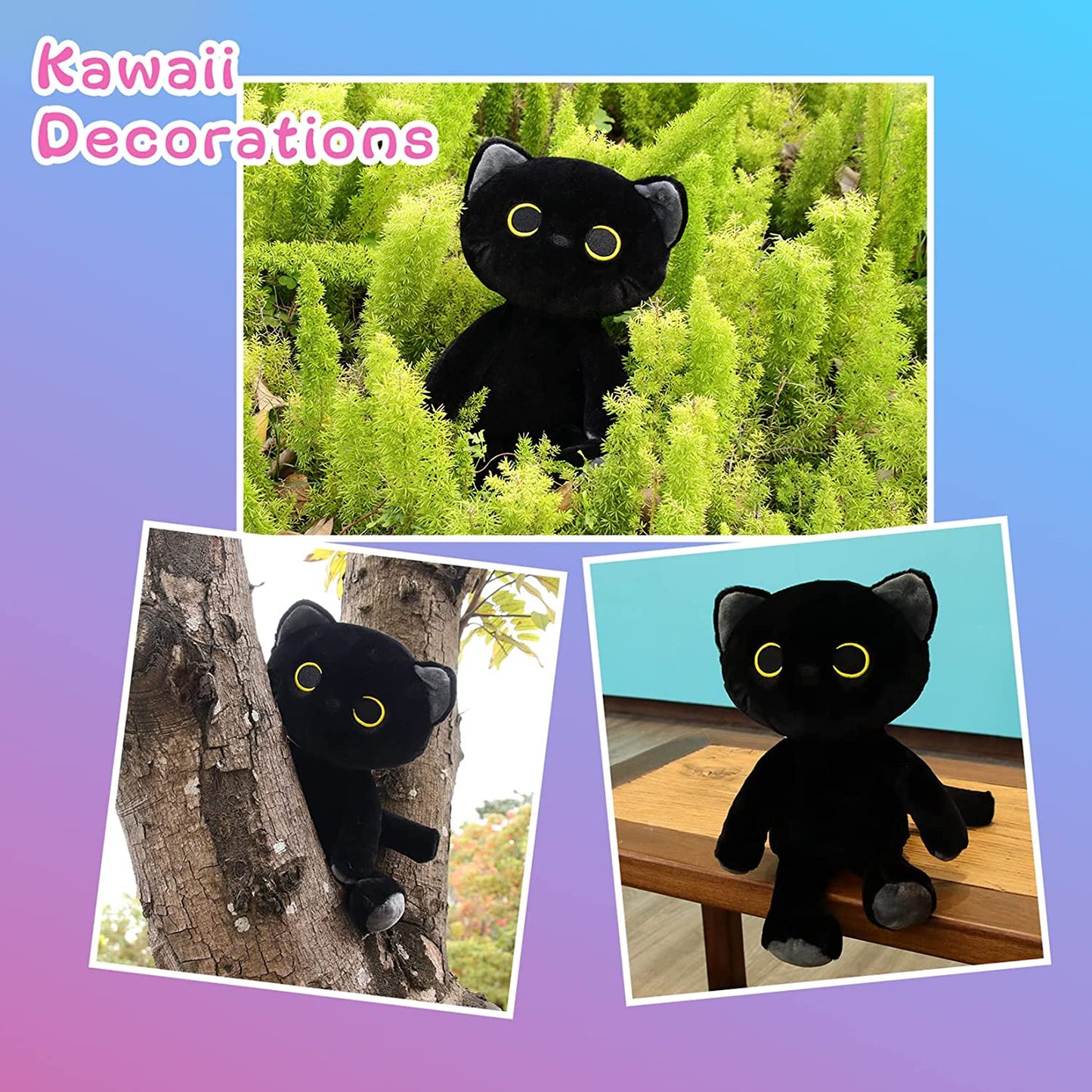 Black Cat Plush Toys Black Cat Stuffed Animals Plush，Cute Black Cat Plushie Doll Soft Black Cat Pillow, Kawaii Stuffed Animal Cat Toy for Kids Birthday Valentines Day Gifts Decor