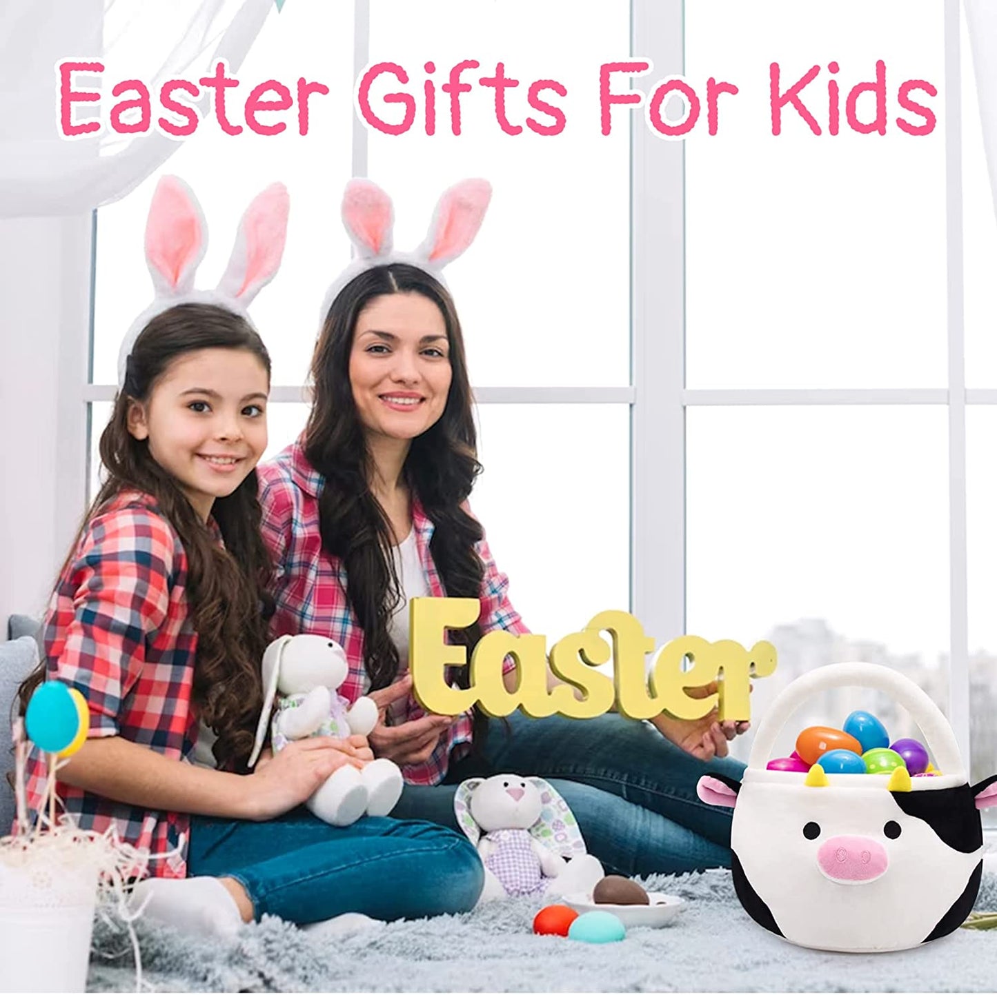 Easter Basket for Kids Cute Black Cow Easter Basket with Handle, Large Easter Bags for Easter Egg Hunting Easter Theme Party Favor Kawaii Easter Gifts for Girls Boys