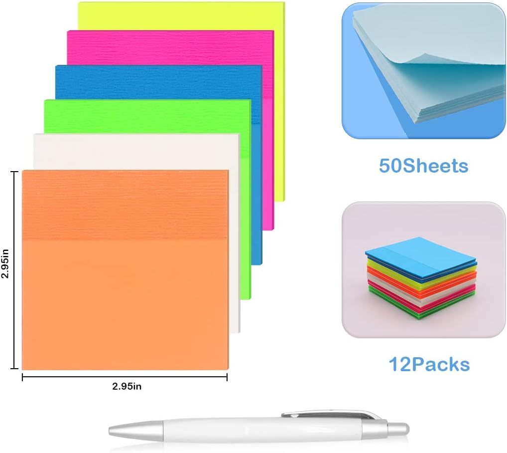 Transparent Sticky Notes, 600Pcs Waterproof Translucent Sticky Notes, 1Clear Reusable Sticky Note with Ballpoint Pen for Office School Home, Color, 12 Packs