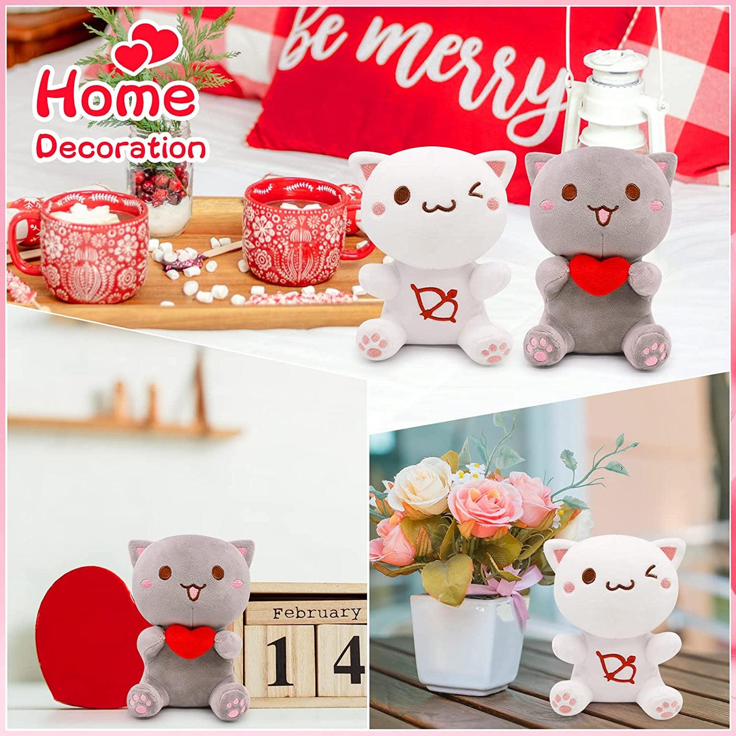 2Pcs Cat Plush Toy Set Valentines Day Plush Gifts, Kawaii Small Cat Stuffed Animals Cat Plushie, Cute Plush Cat Pillow Doll Stuffed Cat Plush Toys for Kids Girlfriend Wife Boyfriend
