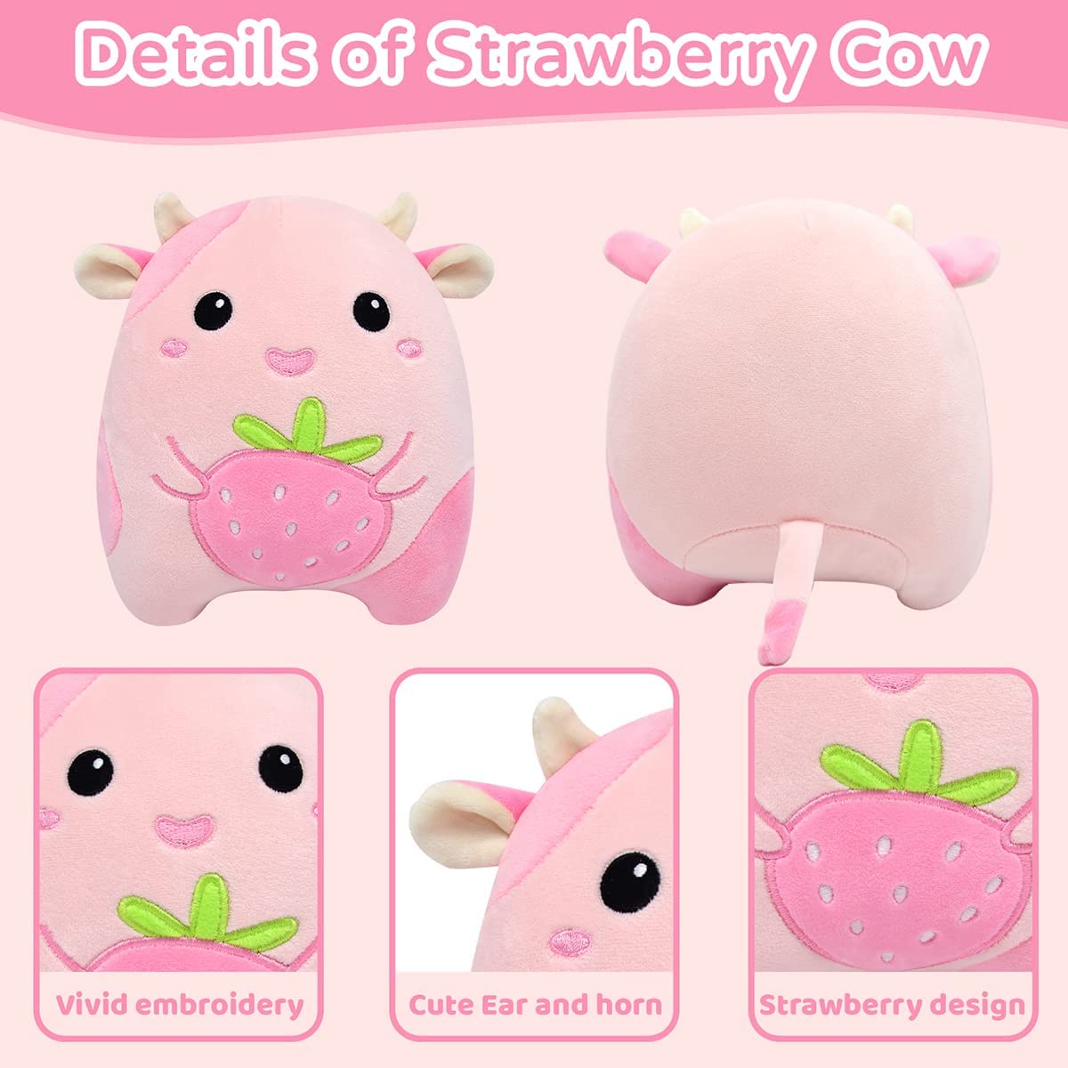 Strawberry Cow Plush Pillow Toy, 8” Kawaii Strawberry Cow Stuffed Animals Plush Pillow Toys, Cute Pink Cow Plushie Soft Stuffed Cow Toys for Christmas Halloween Birthday Kids Gifts Home Car Decoration