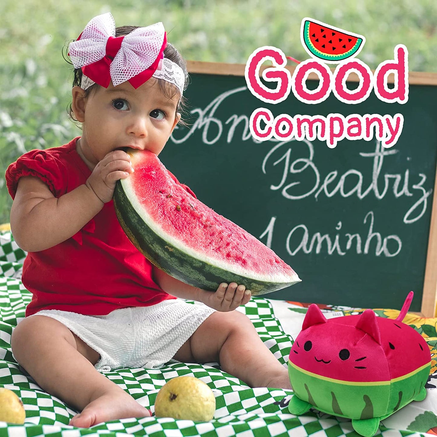 Watermelon Cat Plushie Pillow Toy, 8'' Soft Cat Plush Doll Cat Stuffed Animal Pillow, Cute Watermelon Cat Plush for Kids, Cat Shape Design Sofa Pillow Decoration Doll