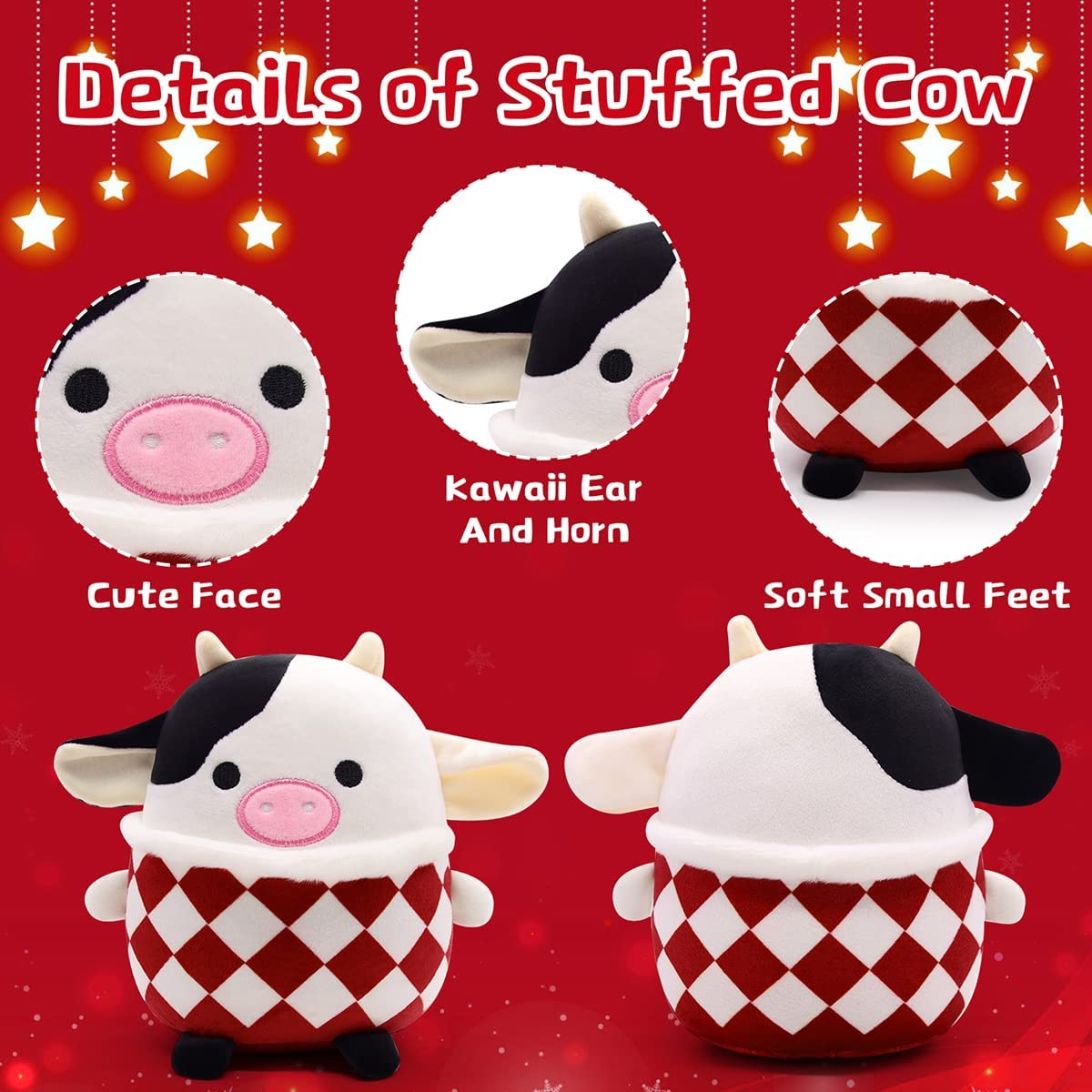 Cow Stuffed Animal Plush, 3D Cute Cow Plushie Pillow Toy, Cow Stuffed Animals Pillow, 20cm Soft Plush Cows Toy for Home Car Decoration, Gift for Kids Girlfriends Lover