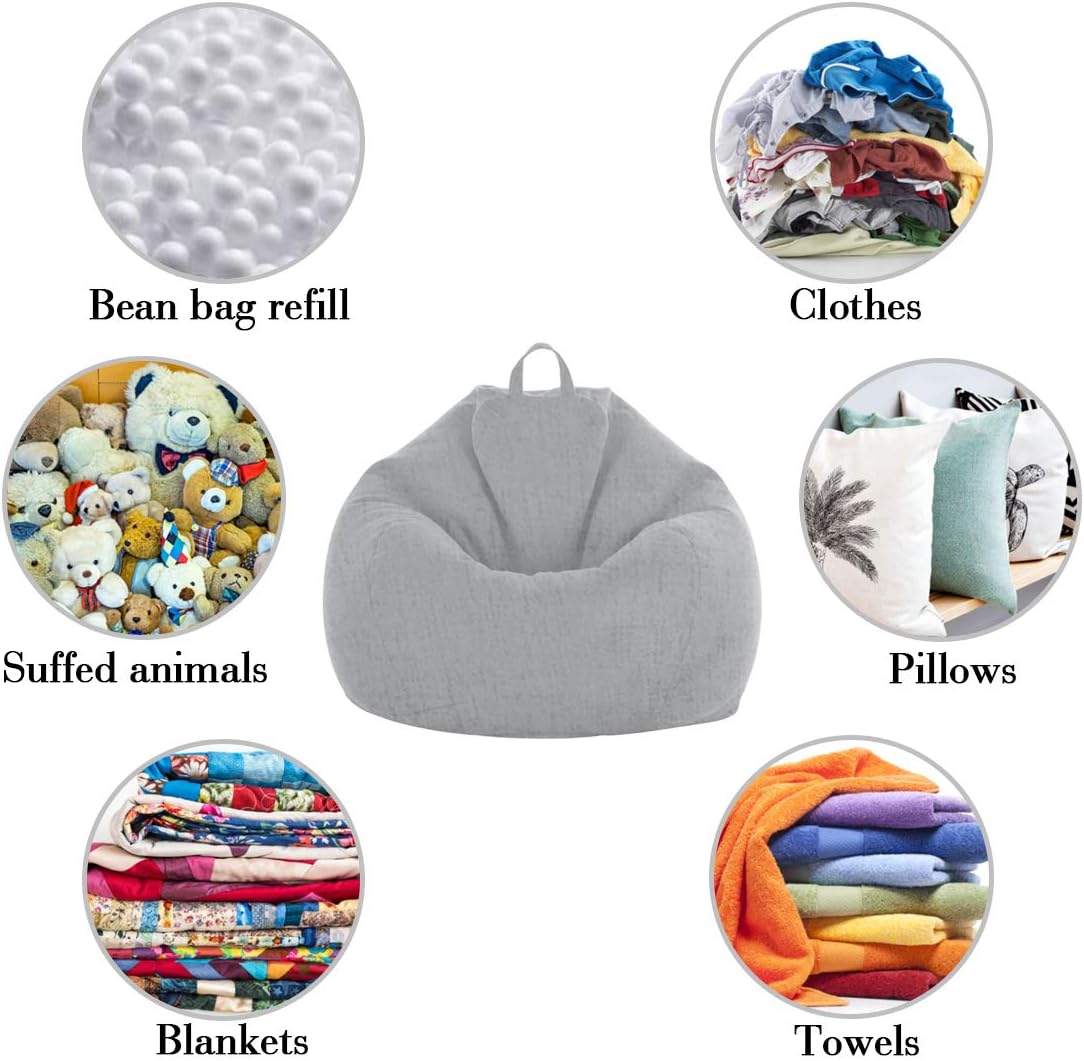 [No Filler] Bean Bag Chair Cover, Soft Bean Bags Chairs for Kids Teens | Stuffable Zipper Beanbag for Organizing Children Plush Toys for Garden Lounge Dorm Room (Grey, S-27.5"x 31.5")