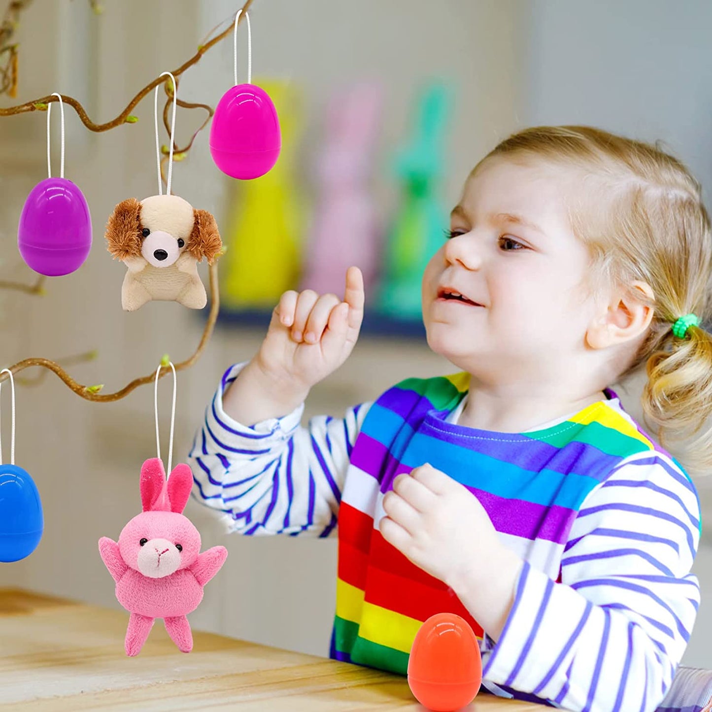 Easter Eggs Filled with Mini Animal Plush Toy Set, 12 Pack Cute Easter Stuffed Animal Keychain, Easter Basket Stuffed Animals for Easter Egg Hunt Party Supplies Favors, Easter Gift for Kids