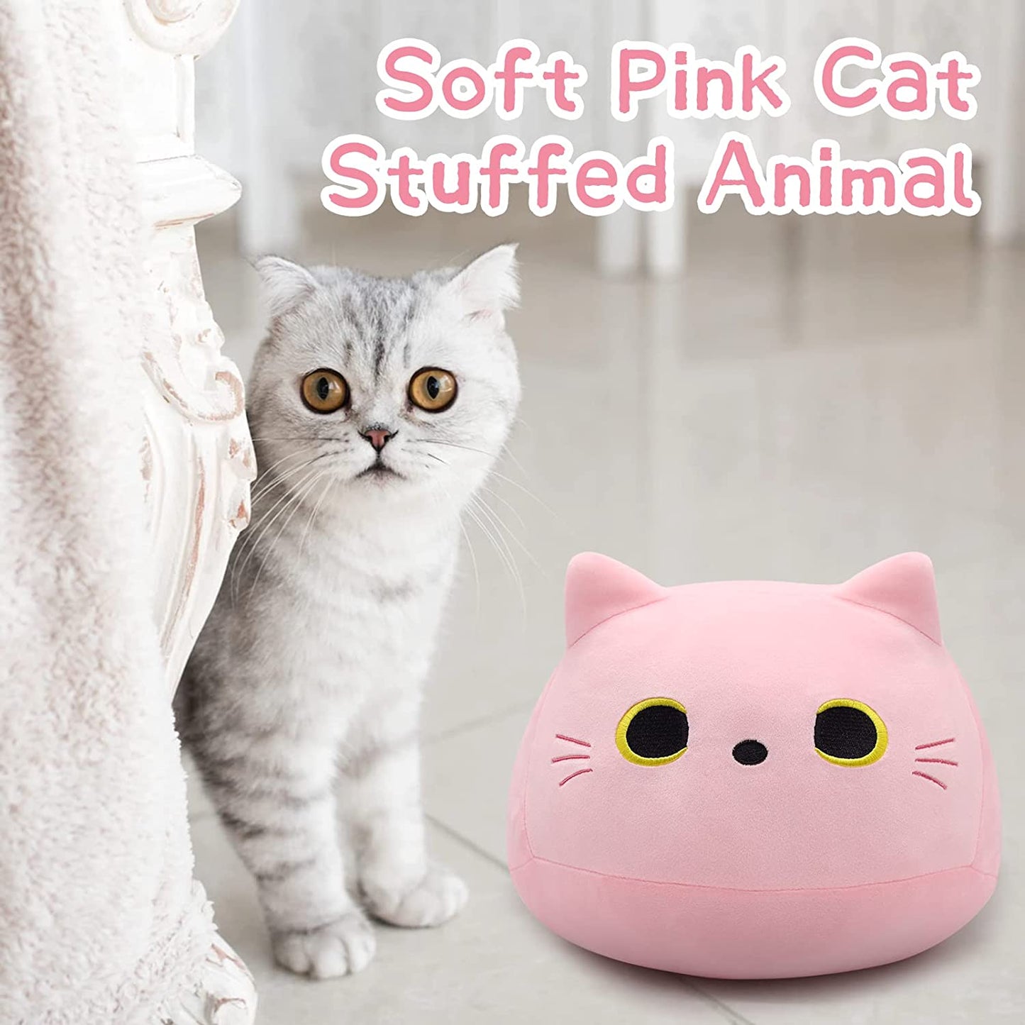 Pink Cat Plush Pillows Toys, 12" Kawaii Cat Stuffed Animals Plush Toys, Cute Cat Plushie Pink Cat Pillow Stuffed Cat Toys for Kids Birthday Girlfriend Valentines Day Gift Decorations