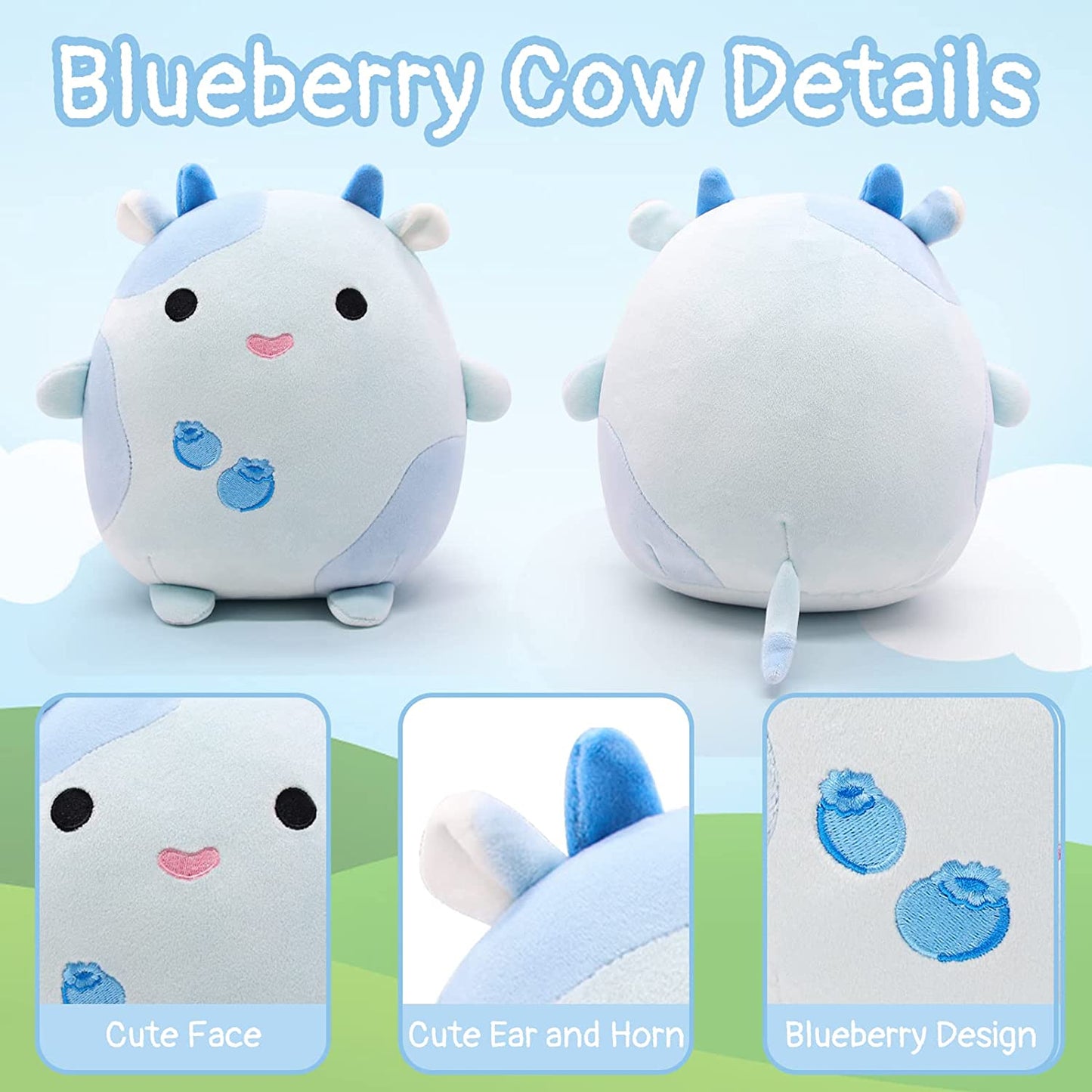 Blueberry Cow Stuffed Animals Plush Pillow Toys, 8" Kawaii Blueberry Cow Plush Blue Stuffed Cow Plushie Toys, Soft Cute Blueberry Cow Plush Pillow for Kids Christmas Birthday Gifts Home Car Decoration