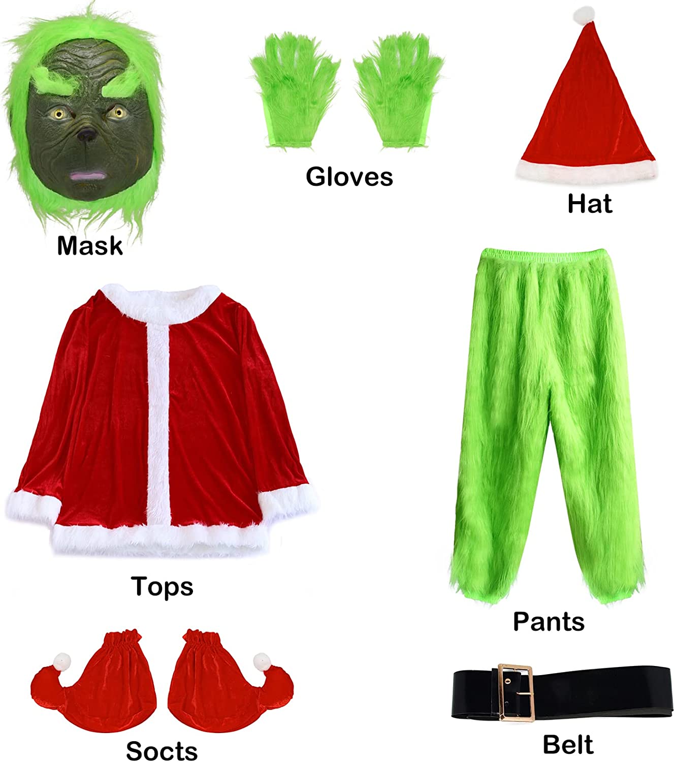 Green Monster Costume 7pcs Grin Mask and Christmas Hat Furry Pants, Santa Suit Green Adult Outfit