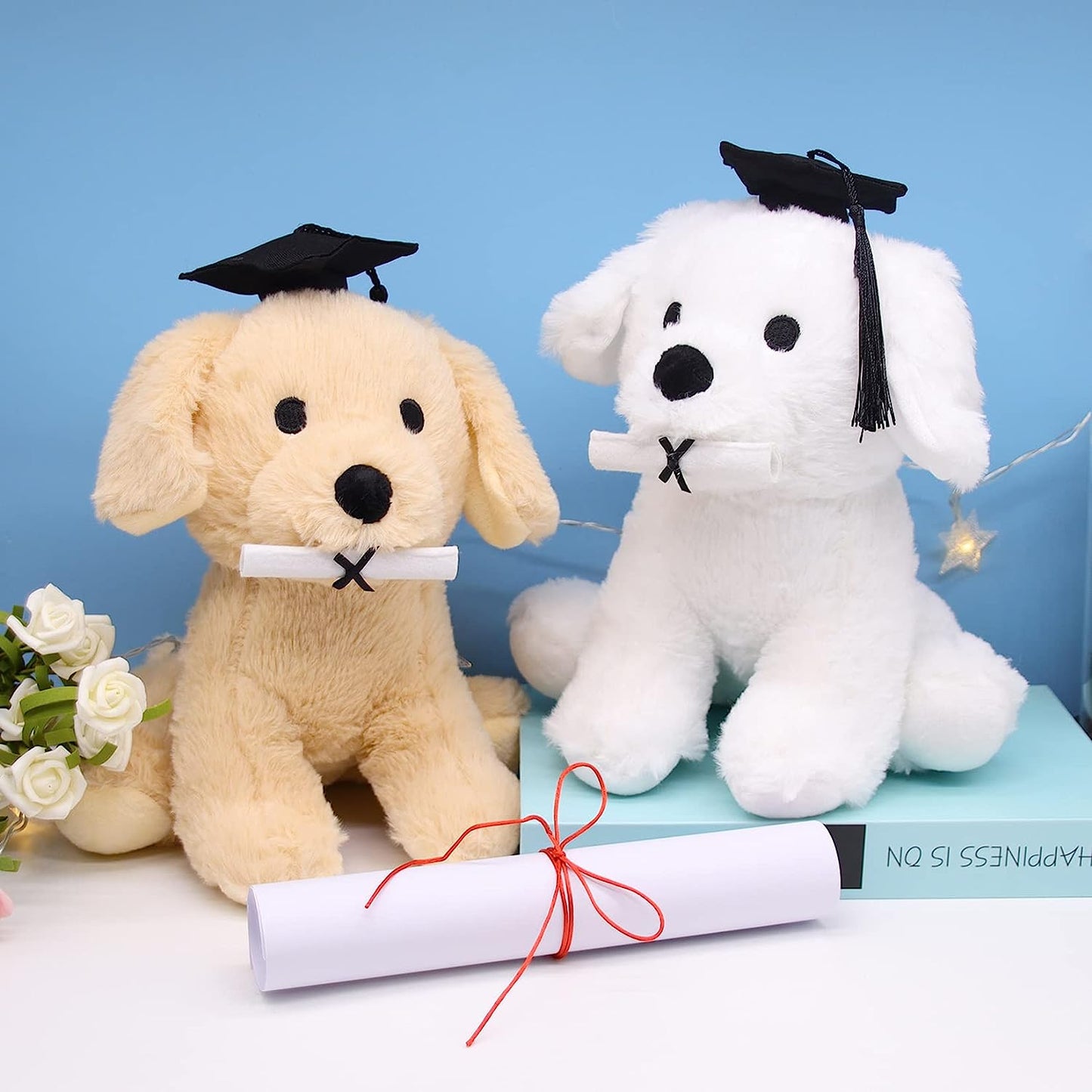 White Dog Stuffed Animals for Kids Girls Boys, Soft Cute Stuffed Dog Plush Dog with Graduation Hat, Kawaii Stuffed Animal Dog Plush Doll for 2023 Graduation Day Gift