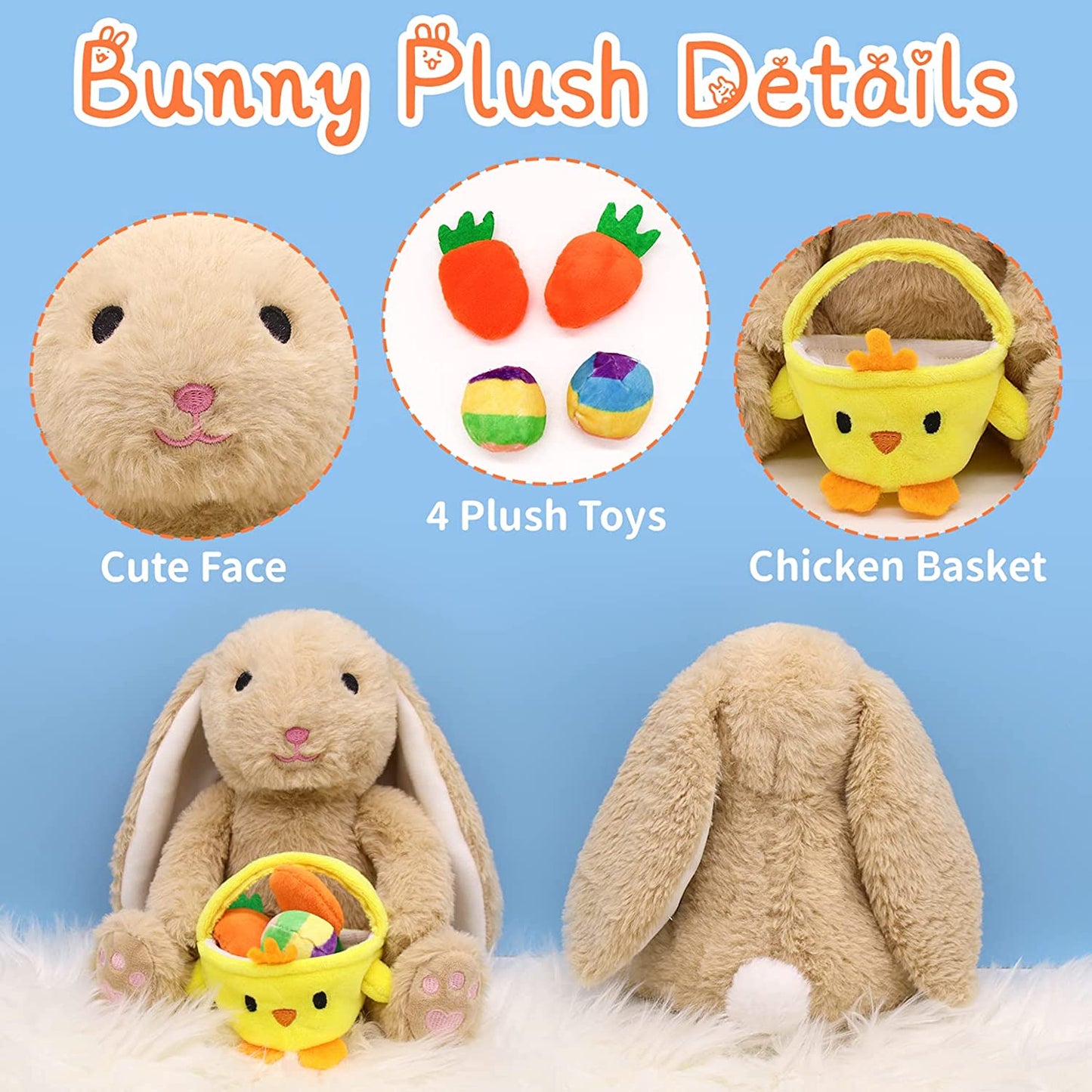 Cute Bunny Plush Bunny Stuffed Animals Toys, Soft Rabbit Stuffed Animals Rabbit Plush Hold Chicken Basket Filled with Easter Eggs Carrots, Kawaii Home Decoration Easter Gifts for Kids Girls Boys