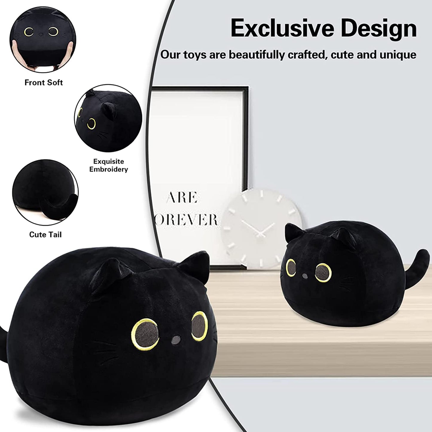 3D Cat Stuffed Animal Toy Pillow, 8Inch Fat Black Cat Plush, Soft Kawaii Cat Shape Design Lumbar Back Cushion Plush Stuffed Toy Gifts for Boys Girls Kids