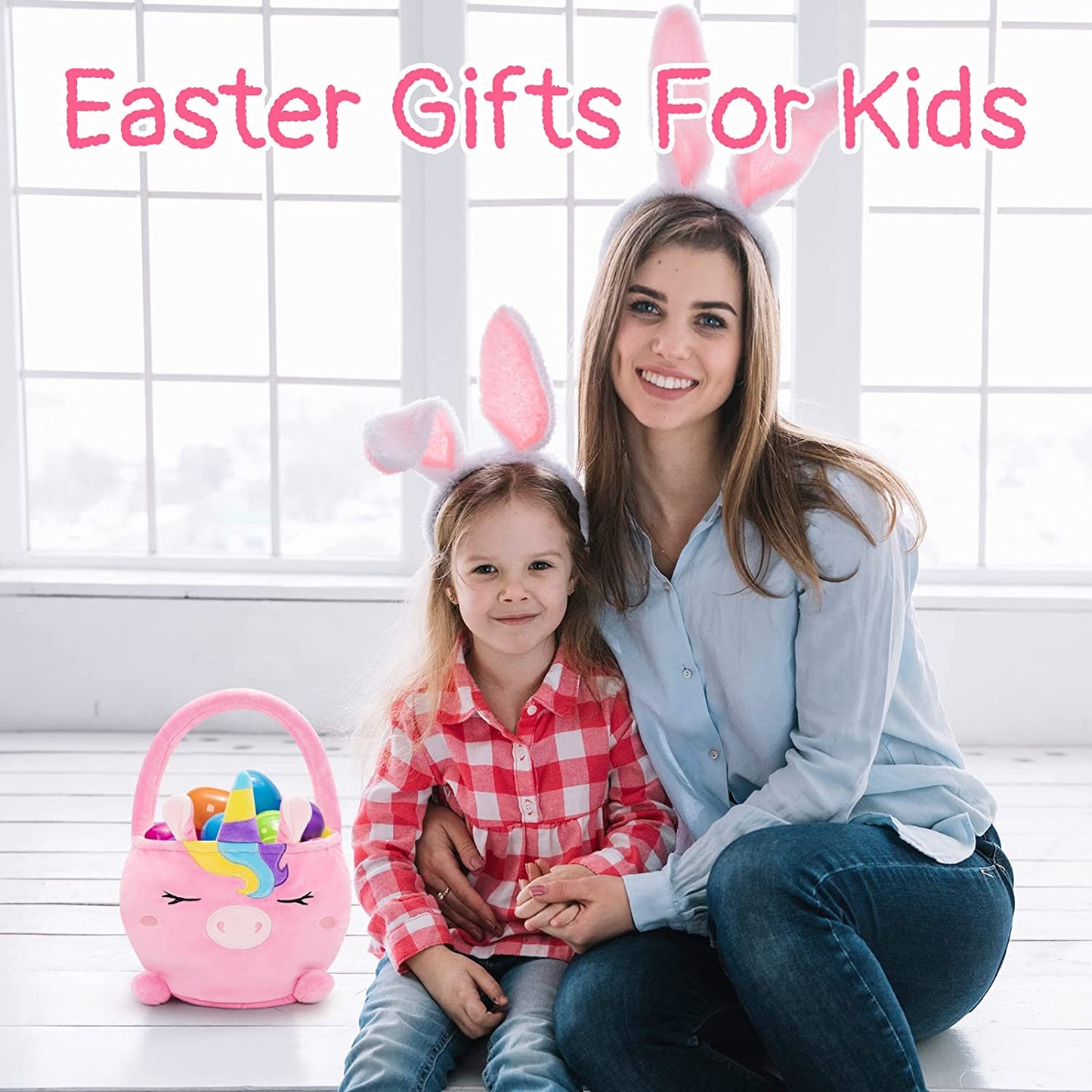 Easter Basket for Kids Cute Easter Basket with Handle, Large Easter Bags for Easter Egg Hunting Easter Theme Party Favor Kawaii Easter Gifts for Girls Boys