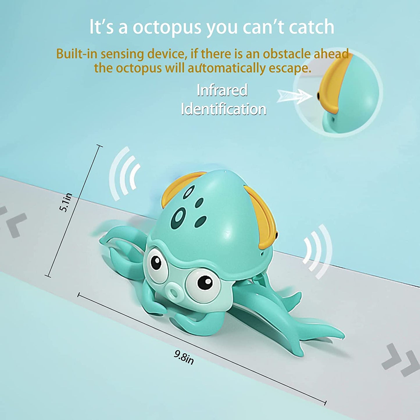Baby Crawling Toy Musical Octopus - Electronic Movable Pet for Kids Toddler Interactive with Music, LED Light Up Automatically Avoid Obstacle Walking Toys, Blue