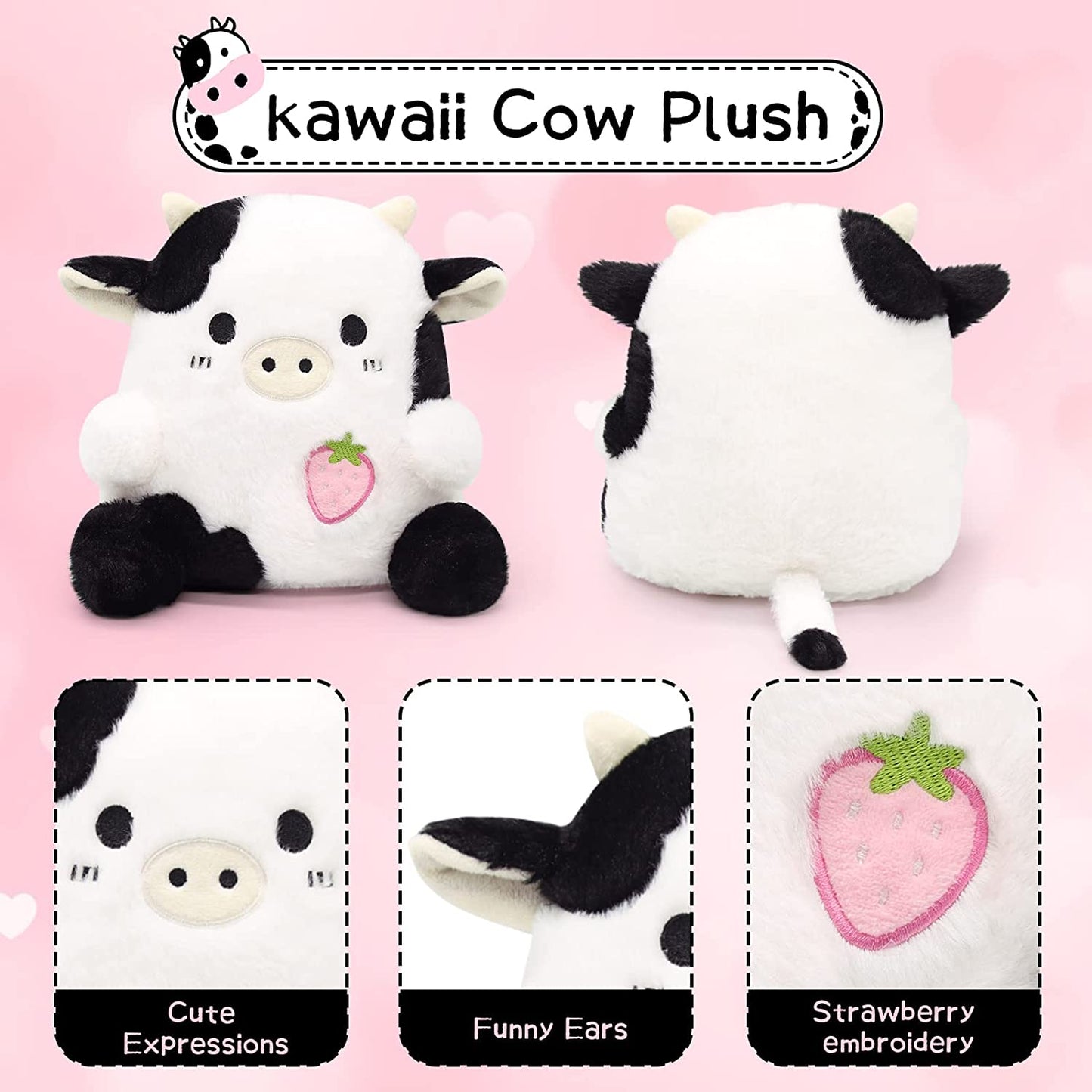 Strawberry Cow Plushie Pillow Cow Stuffed Animal Toys, Cute Cow Plush Kawaii Home Decorations, Soft Stuffed Strawberry Cow Doll Lovely Gifts for Kids (Black Cow)