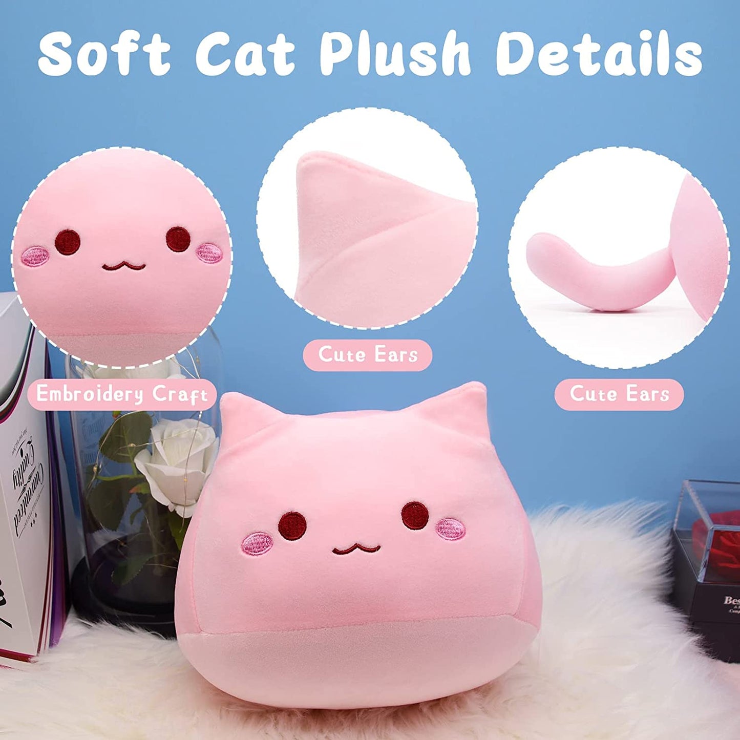 8" Cat Plush Pink Cat Pillow,Soft Plush Doll Cat Plushie Cat Pillow,Stuffed Animal Soft Plush Pillow Baby Plush Toys Cat Shape Design Sofa Pillow Decoration Doll