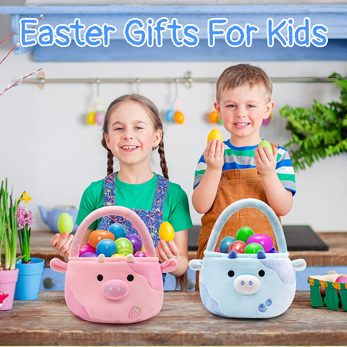 Easter Basket for Kids Cute Blueberry Cow Easter Basket with Handle, Large Easter Bags for Easter Egg Hunting Easter Theme Party Favor Kawaii Easter Gifts for Girls Boys