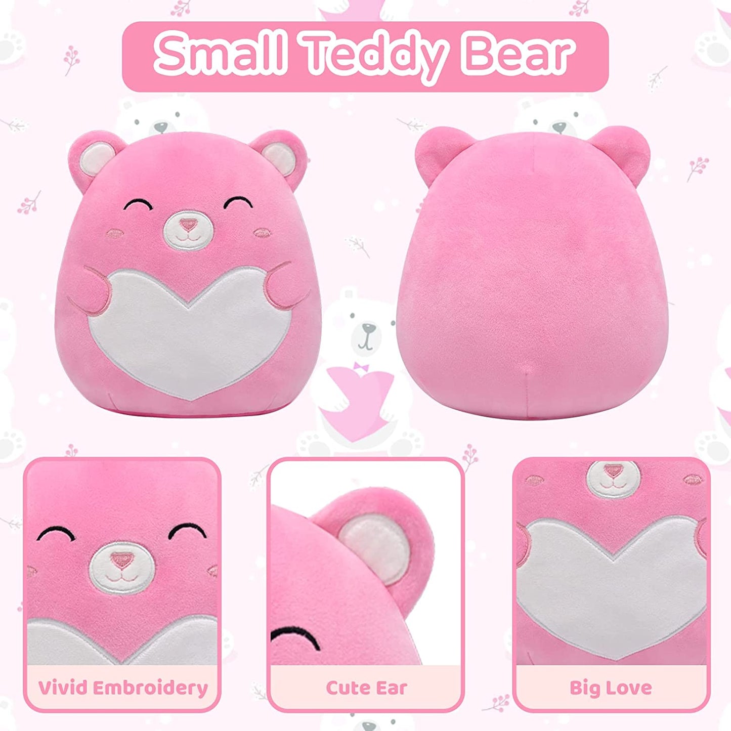 Bear Stuffed Animals Bear Plush with Love Pillow Toy，8” Kawaii Pink Teddy Bear Stuffed Bear Small Teddy Bear with Love, Cute Bear Plushie Teddy Bear for Kids Girlfriend Valentine's Day