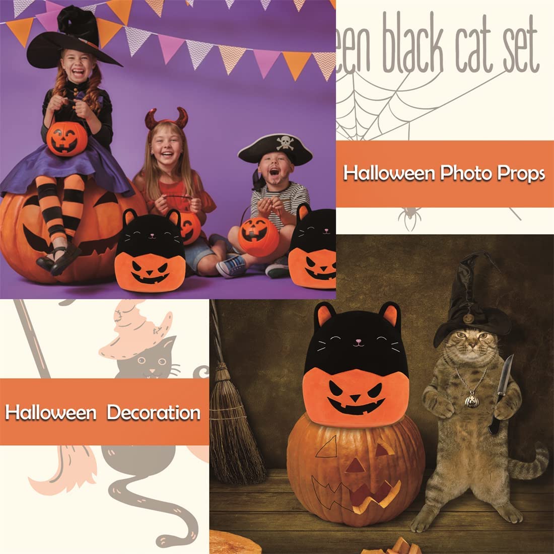 Halloween Plush Cat Plushie Pillow - 8inch Stuffed Animals Black Cat Plushie - Soft Stuffed Cat Doll Pillow - Pumpkin Cat Halloween Plushie - Gift for Kids Birthday Halloween (9 inch)